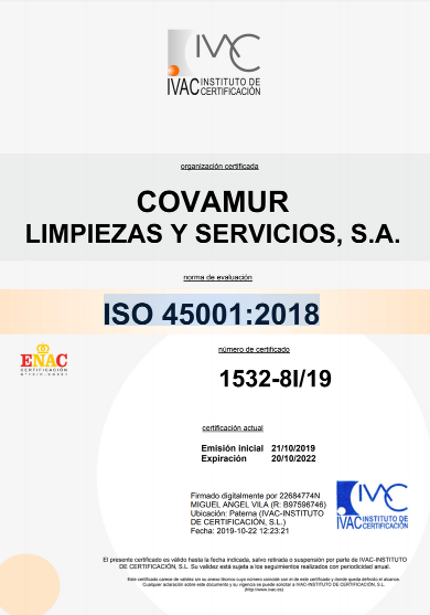 Covamur se certifica según la norma ISO 45001:2018.